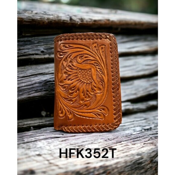 Ranger Belt Co Rodeo Wallet Western Tooled Tan Leather Turquoise Floral Inlay